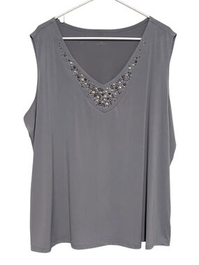 Susan Graver Pearl Studded Sleeveless Top Women’s 3X Gray Liquid Knit V-neck